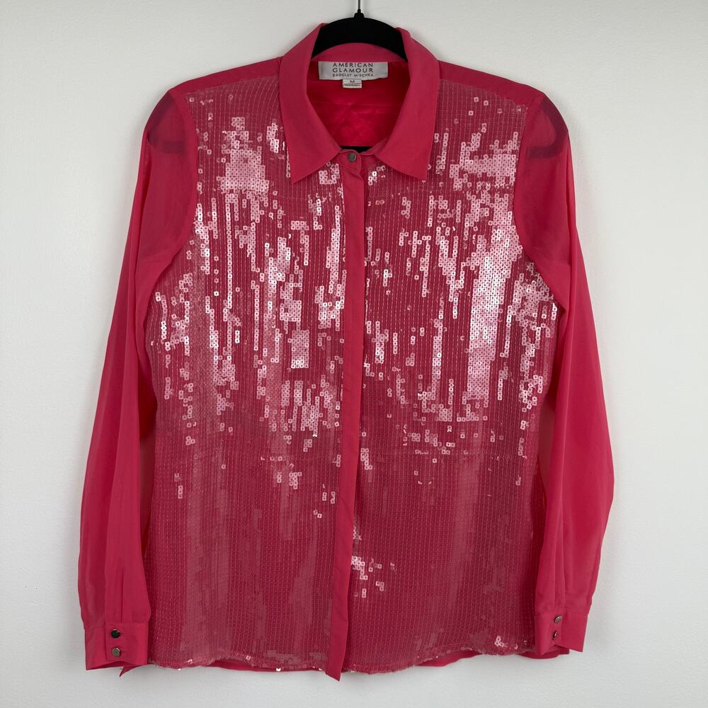 American Glamour Badgley Mischka Womens Sequin Button-Up Pink Blouse Top Medium
